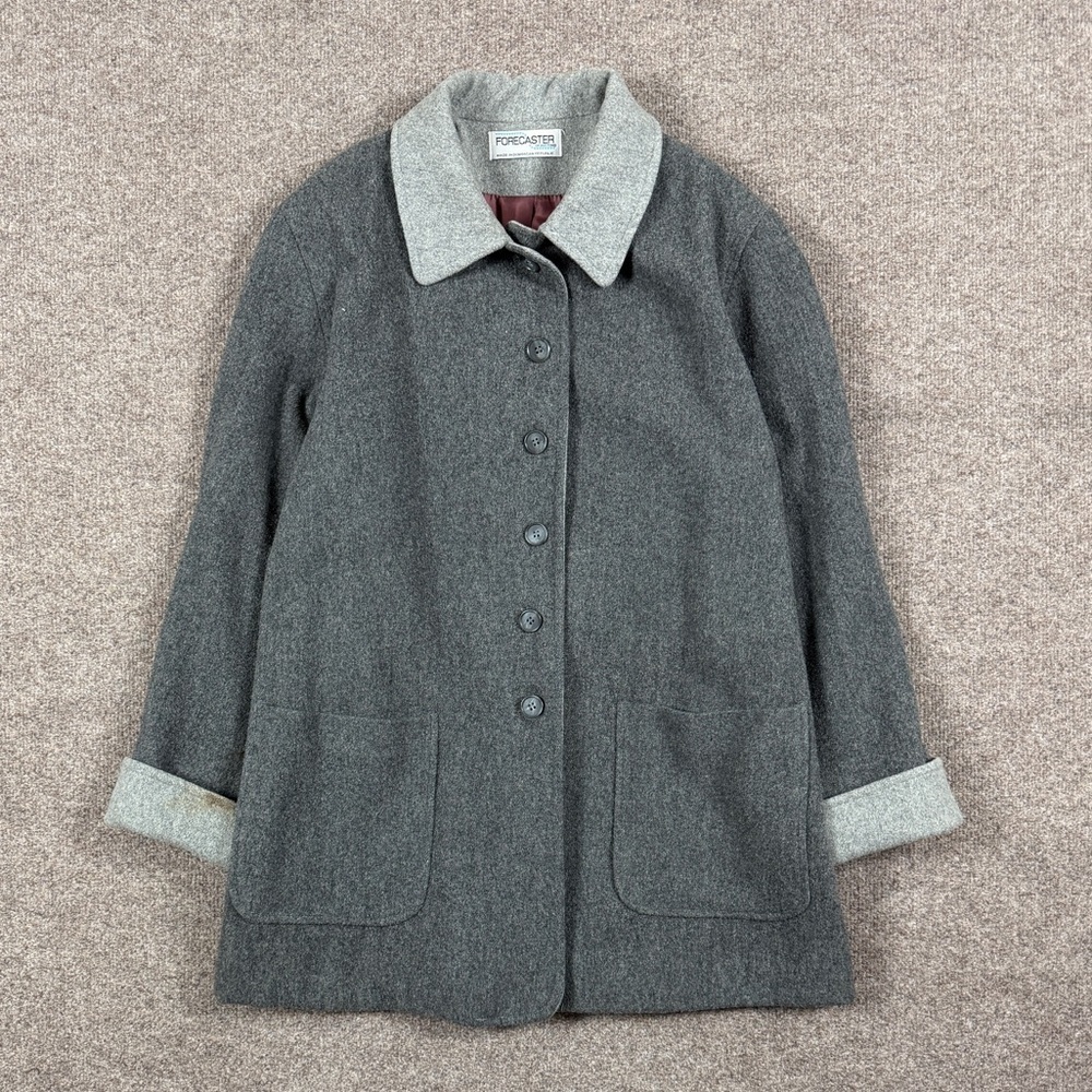 VTG Forecaster Grey Wool Mid-Length Button Front Coat Women’s 14 Contrast Collar